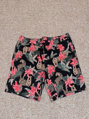 George Flat-Front Hibiscus Jungle Tiger Print Hybrid Shorts